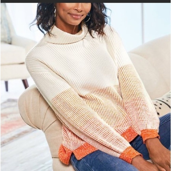 Soft Surroundings Porto White & Orange Ombré Cowl Neck Rib Sweater Puffed Sleeve - Picture 1 of 13